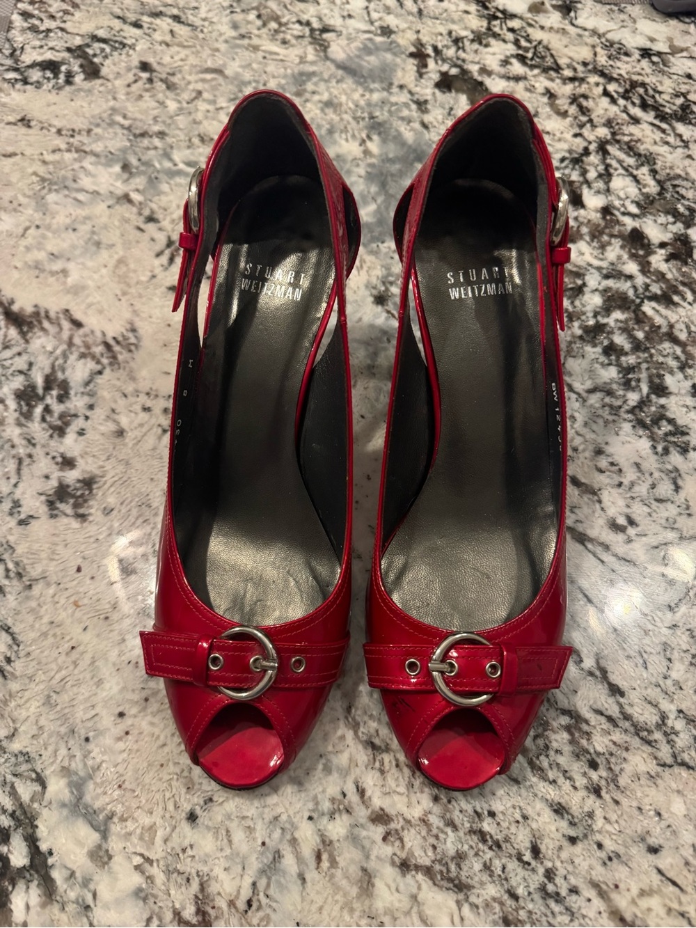 Stuart Weitzman Red Patent Leather Peep Toe Heels Size 8 Slingback Pumps